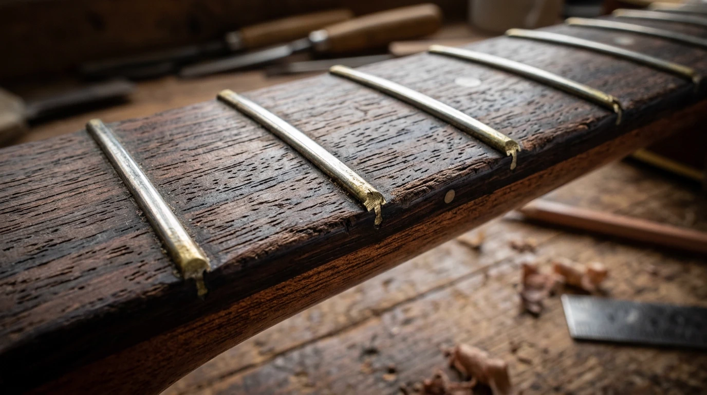 Close-Up Shot of Guitar Fingerboard Edge Showing Fret Sprout and Tonewood Grain